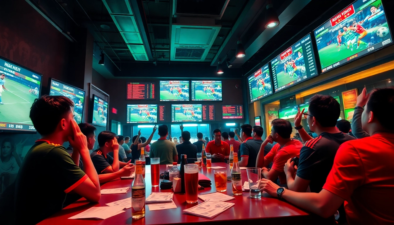 Engaging scene of enthusiastic fans enjoying 'keo nha cai' betting on live football matches in Vietnam's sports bar.