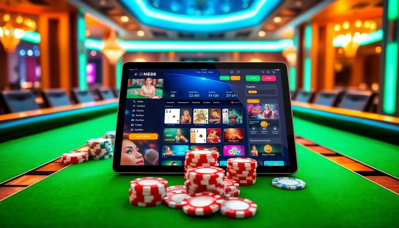 The ME88 online casino experience, showcasing a vibrant casino table with poker chips and live interface.