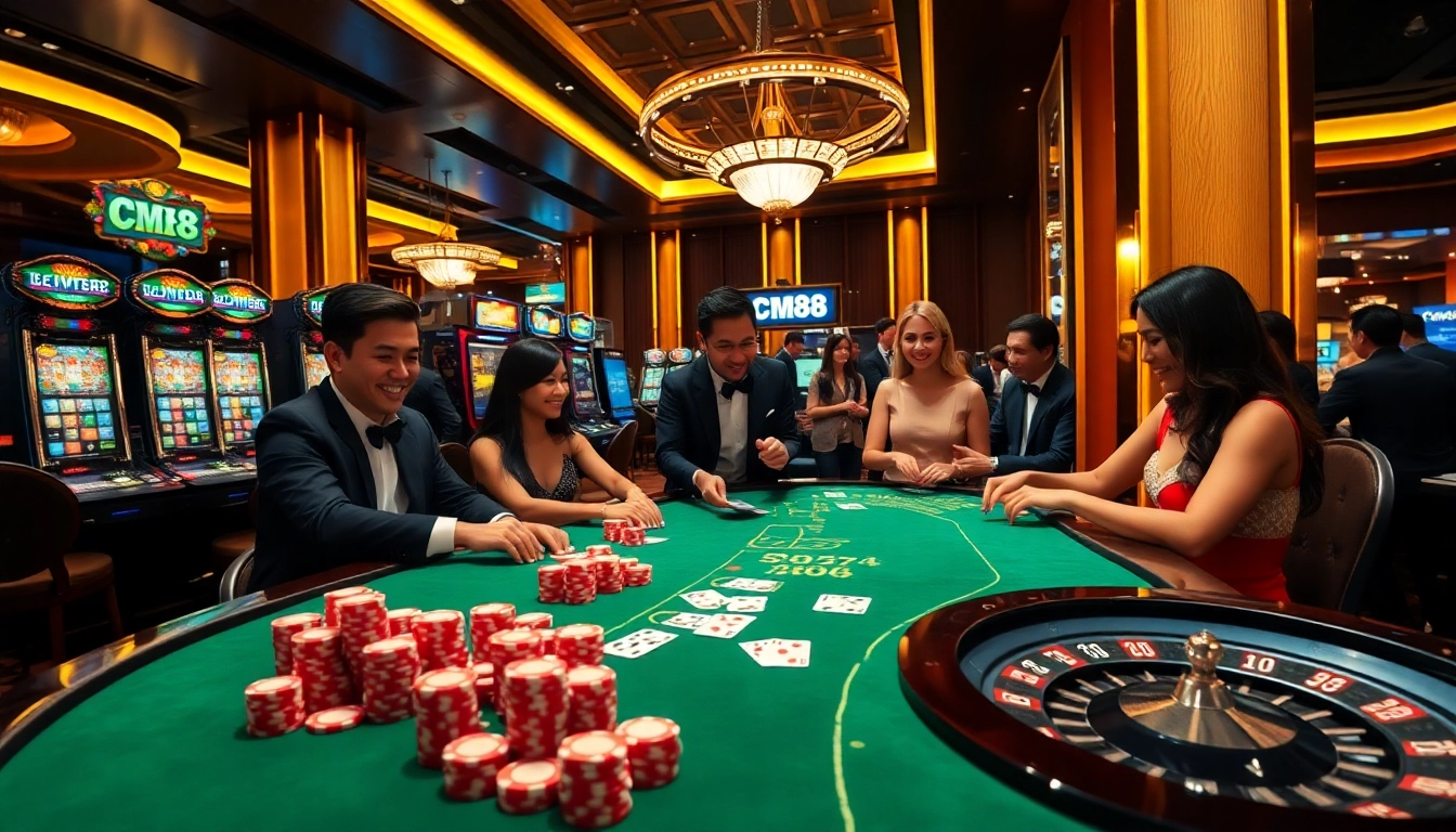 Excited gamblers enjoying high-stakes games at CM88 online casino.