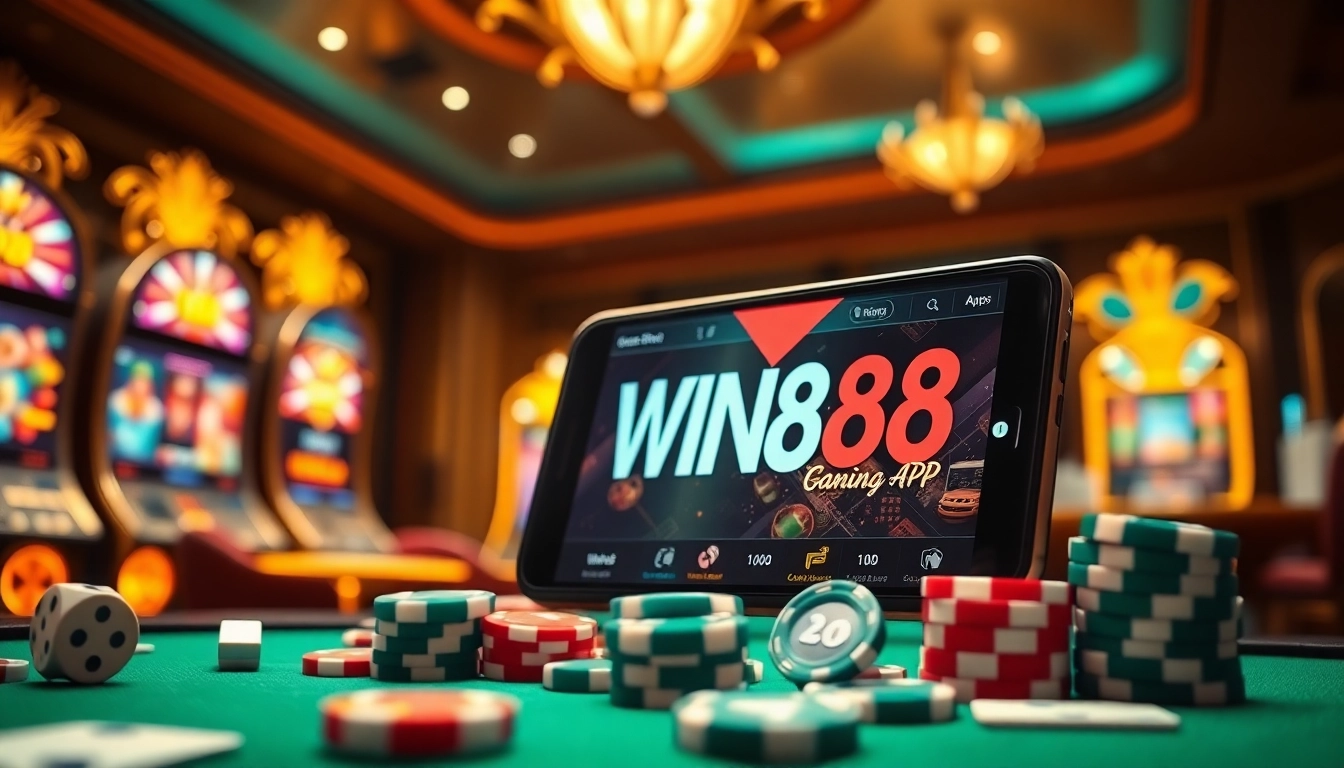 Experience thrilling gameplay with the WIN88 APP showcased among dynamic casino visuals, including slot machines and poker chips.
