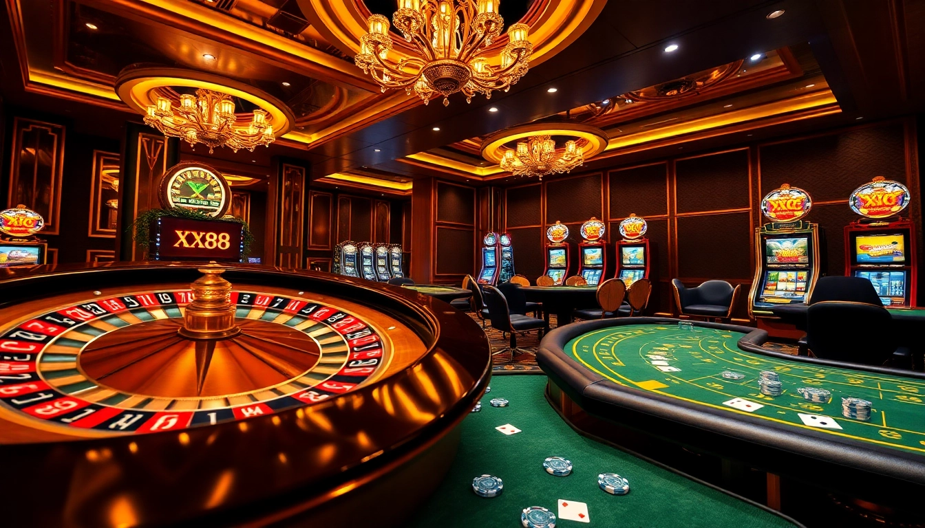 Engage in high-stakes gaming at XX88 with vibrant casino tables and thrilling slot machines.