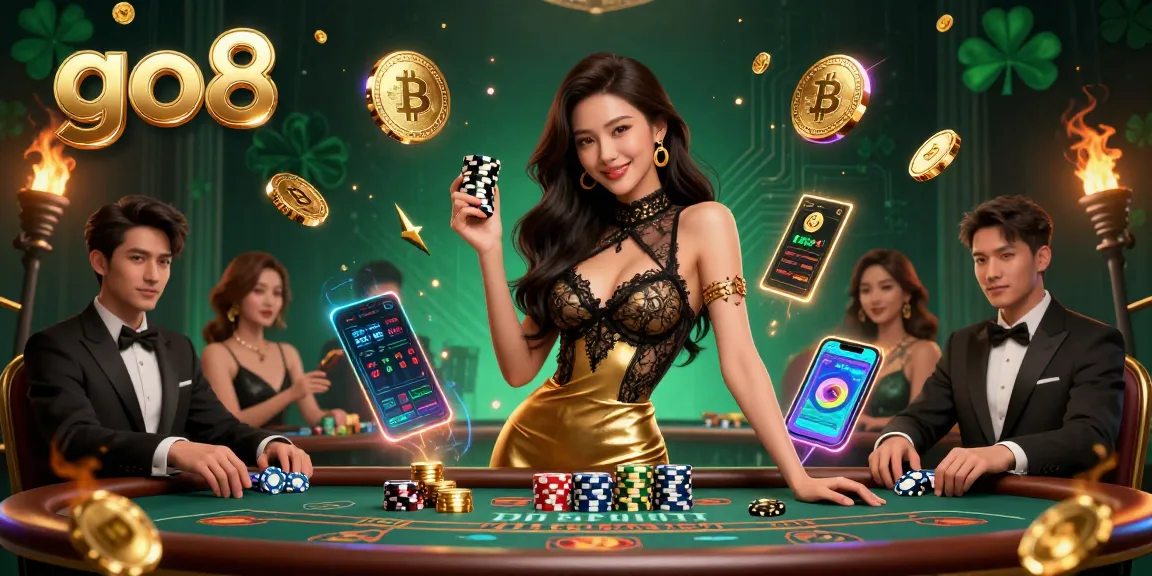 Experience high-stakes gaming action at go8 with captivating baccarat and crypto symbols in a vibrant scene.