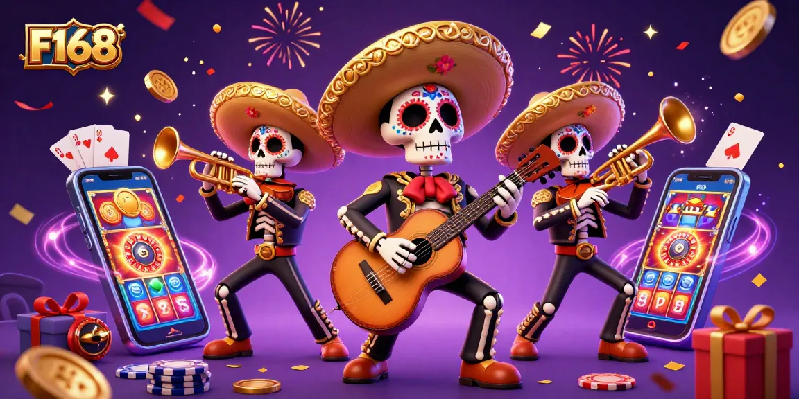 Engage with F168’s vibrant slot games, featuring a lively mariachi band and colorful gaming elements.