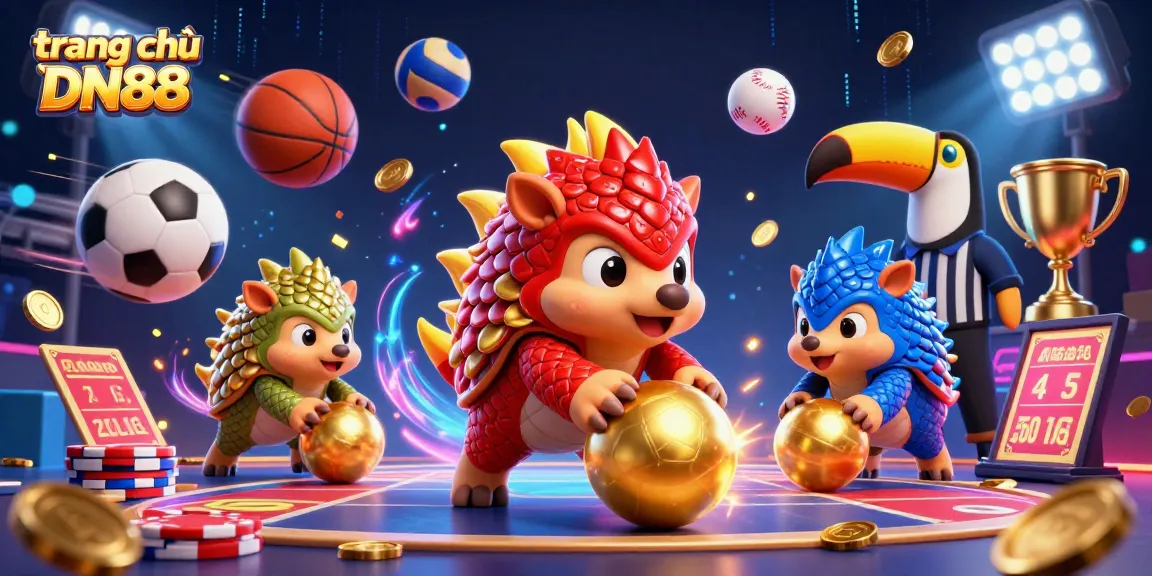 Engaging scene of pangolins bowling poker chips at trang chủ DN88 with sports elements and celebratory confetti.