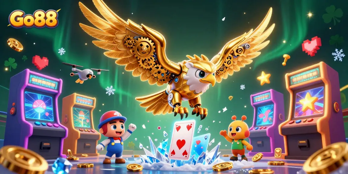 Engage in thrilling gameplay with Go88's colorful casino adventure featuring a cybernetic eagle and arcade machines.