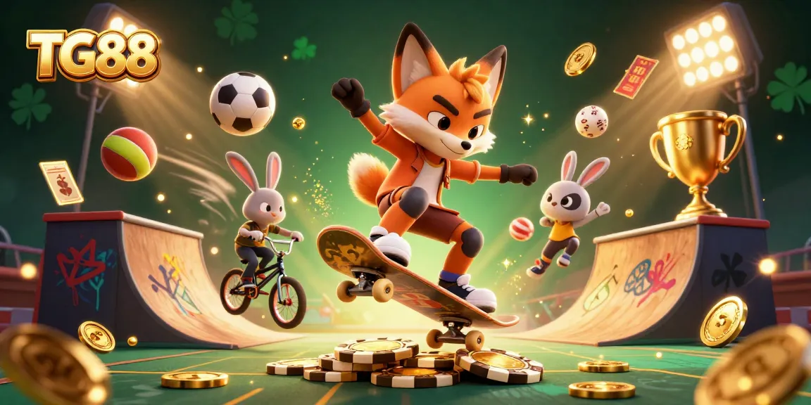 Engage with TG88 as the skateboarder fox performs tricks over golden poker chips in a dynamic casino scene.