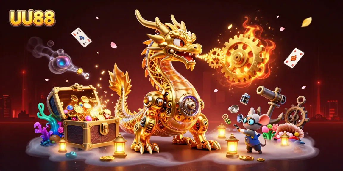 Experience thrilling gameplay at UU88 with a golden dragon breathing gears amidst treasure and cards.