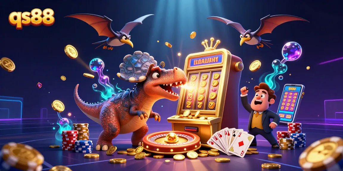 qs88 showcases a dynamic casino scene with animated dinosaurs, jackpot wins, and vibrant casino elements.
