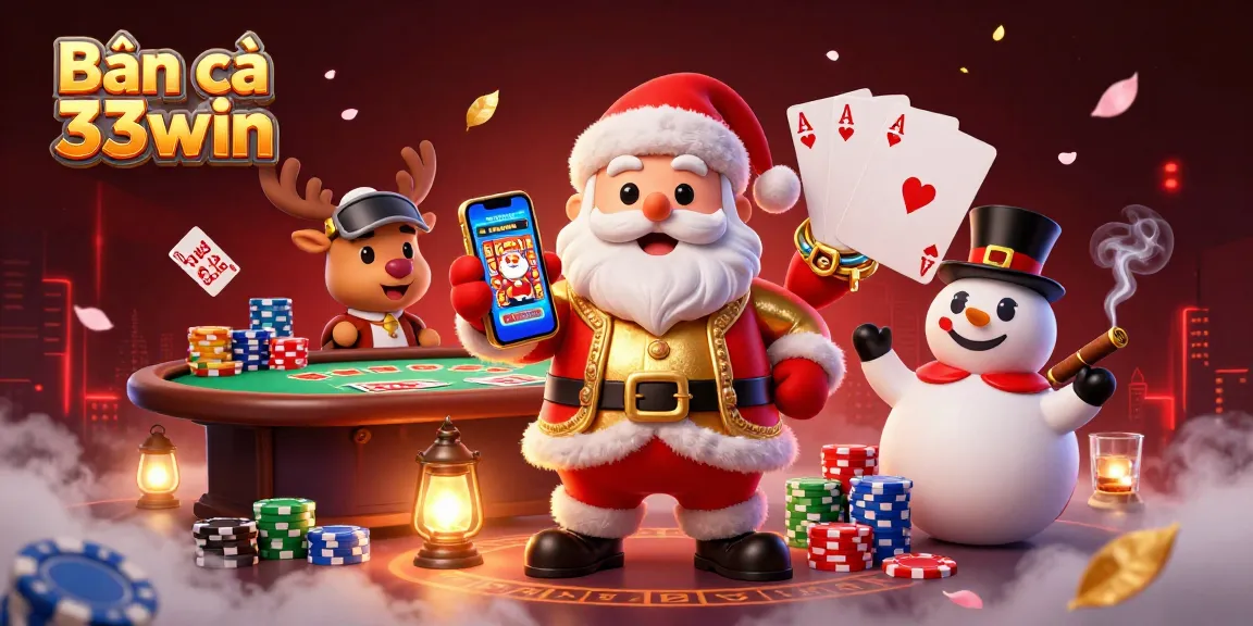 Experience thrilling Bắn cá 33win gameplay with a festive casino illustration showcasing vibrant characters and rich details.