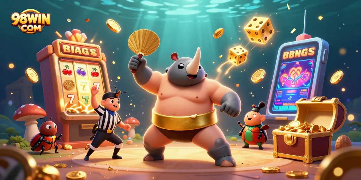 Engage with 98WIN COM's vibrant casino experience featuring a bold beetle champion and dynamic game elements.