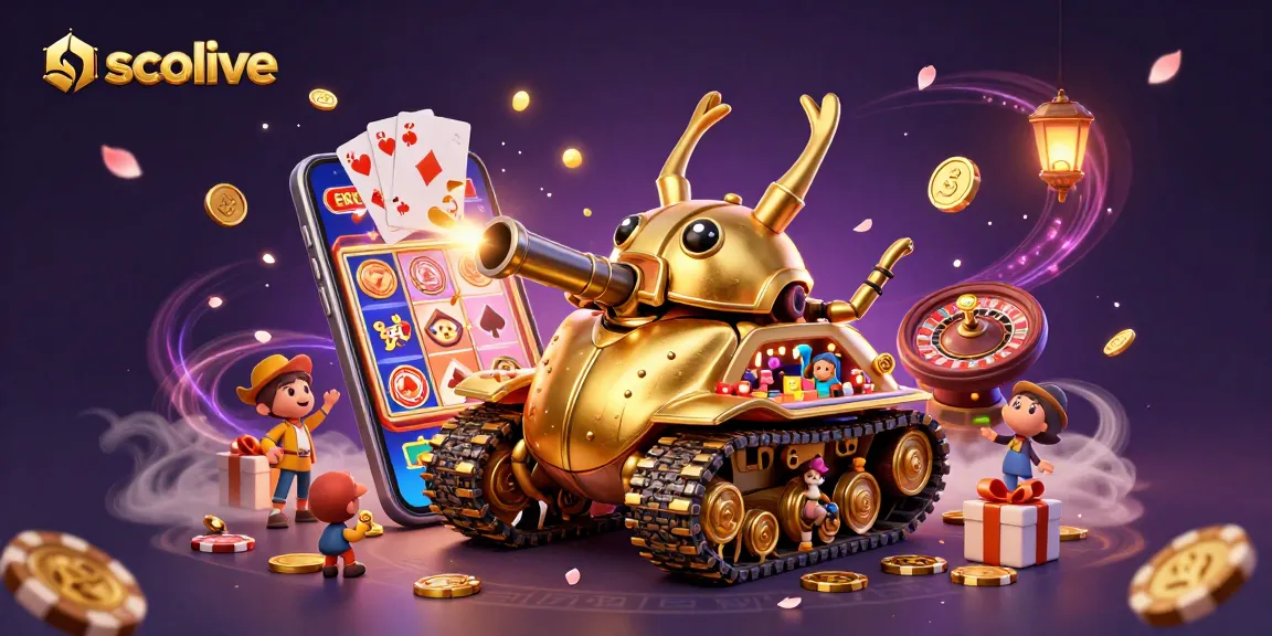 Socolive captivates users with a vibrant casino scene inside a golden beetle tank, bursting with excitement and gaming elements.
