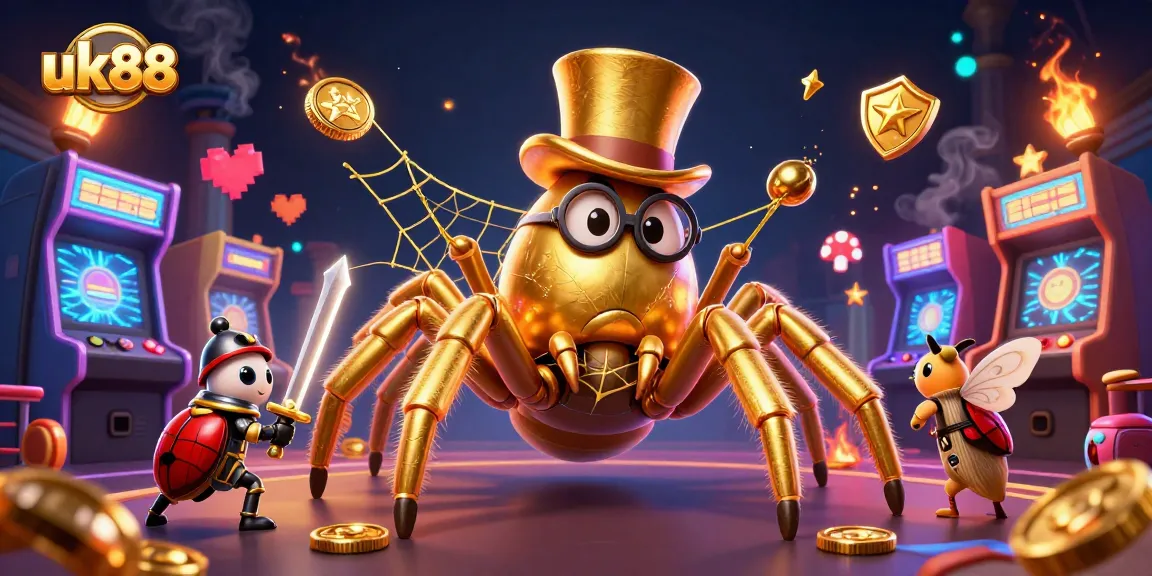 uk88 casino adventure featuring a golden tarantula and beetle knight amidst gaming machines