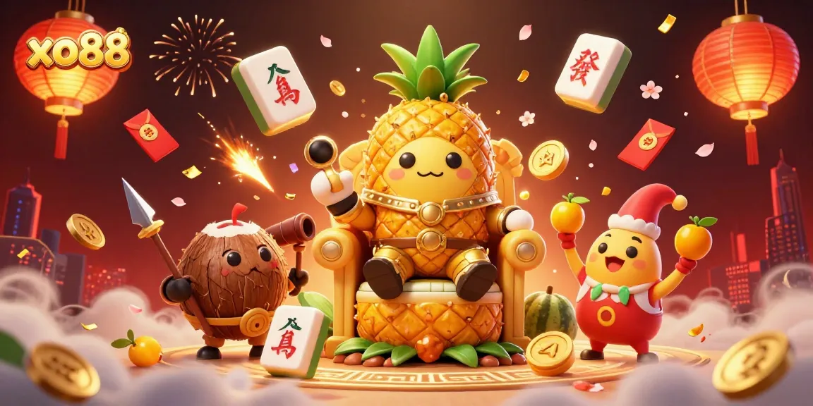 Experience thrilling gaming at xo88 with our vibrant 3D casino illustration featuring a golden pineapple king and lively action!