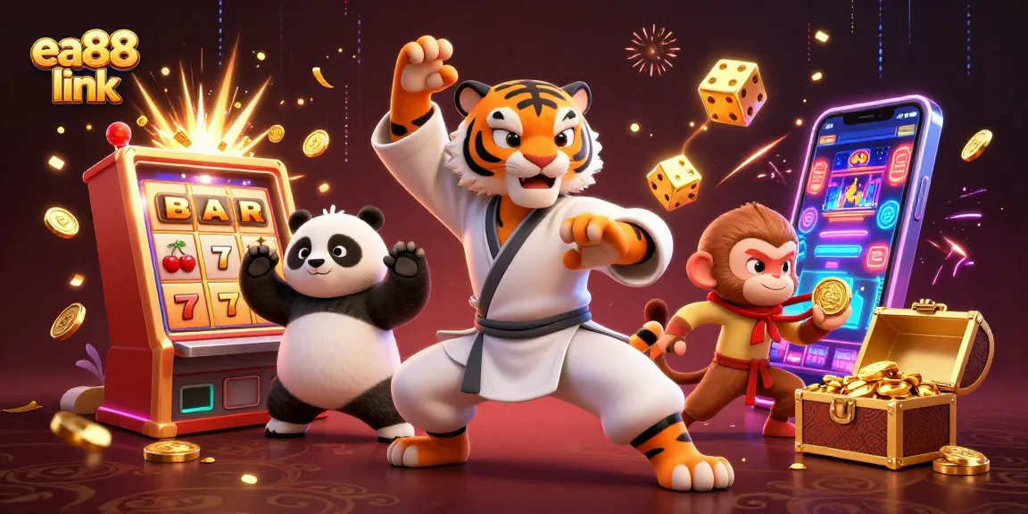 Win big with ea88 link while the kung fu tiger master oversees an exciting casino scene.