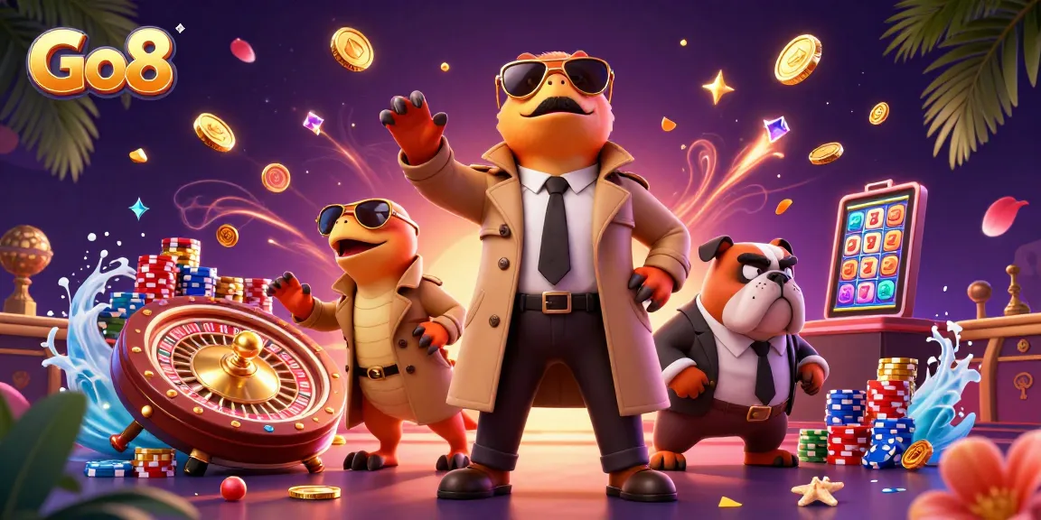 Go8 features three raptors sneaking into a casino, showcasing dynamic gambling elements.