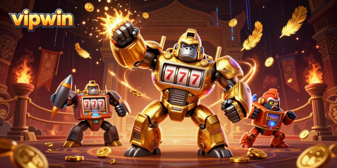 Experience thrilling action with vipwin in this dynamic 3D casino illustration showcasing a golden gorilla mech.