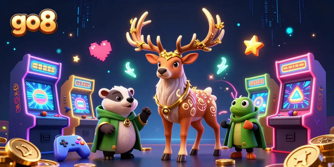 Experience the magic of go8 with a druid stag and gaming elements in a dynamic casino illustration.