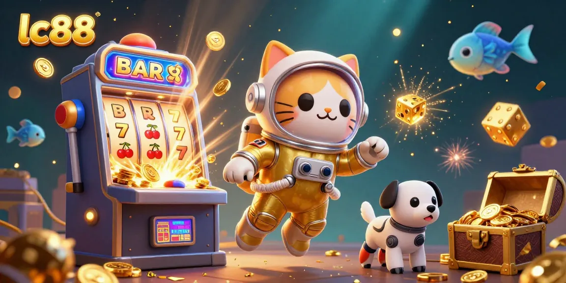 Spin the lc88 slot machine with a golden astronaut cat and vibrant casino elements for big wins!