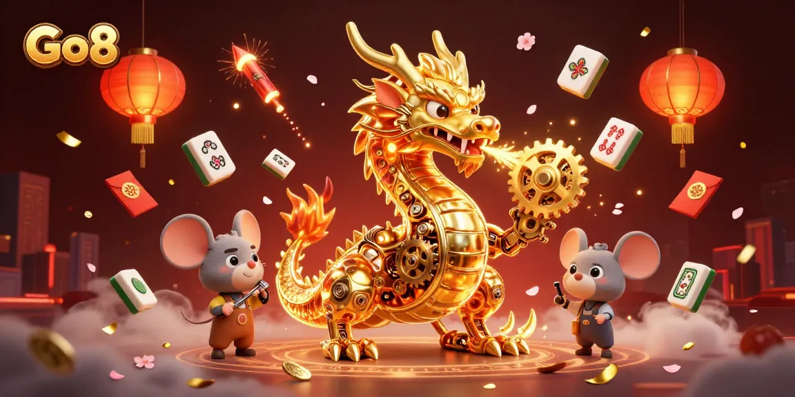 Engage in thrilling gameplay at Go8 with a captivating scene of a golden dragon amid festive casino elements.