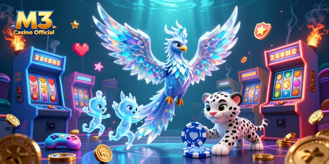 M3 Casino Official showcases an ice phoenix, a snow leopard cub, and ice sprites in a vibrant online casino scene.