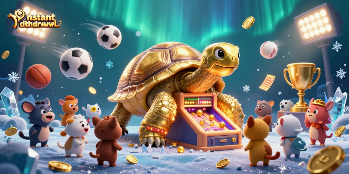 Play at an instant withdrawal casino with a colossal golden tortoise pinball, bustling with excitement.